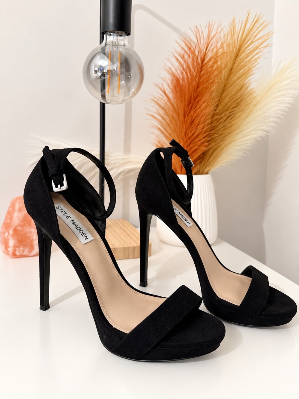Steve Madden Black Suede Open-Toe Ankle-Strap Heels